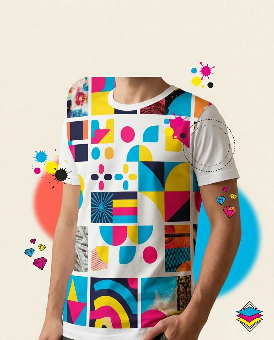 Camiseta branca com estampa full print colorida geométrica, vestida por um modelo
