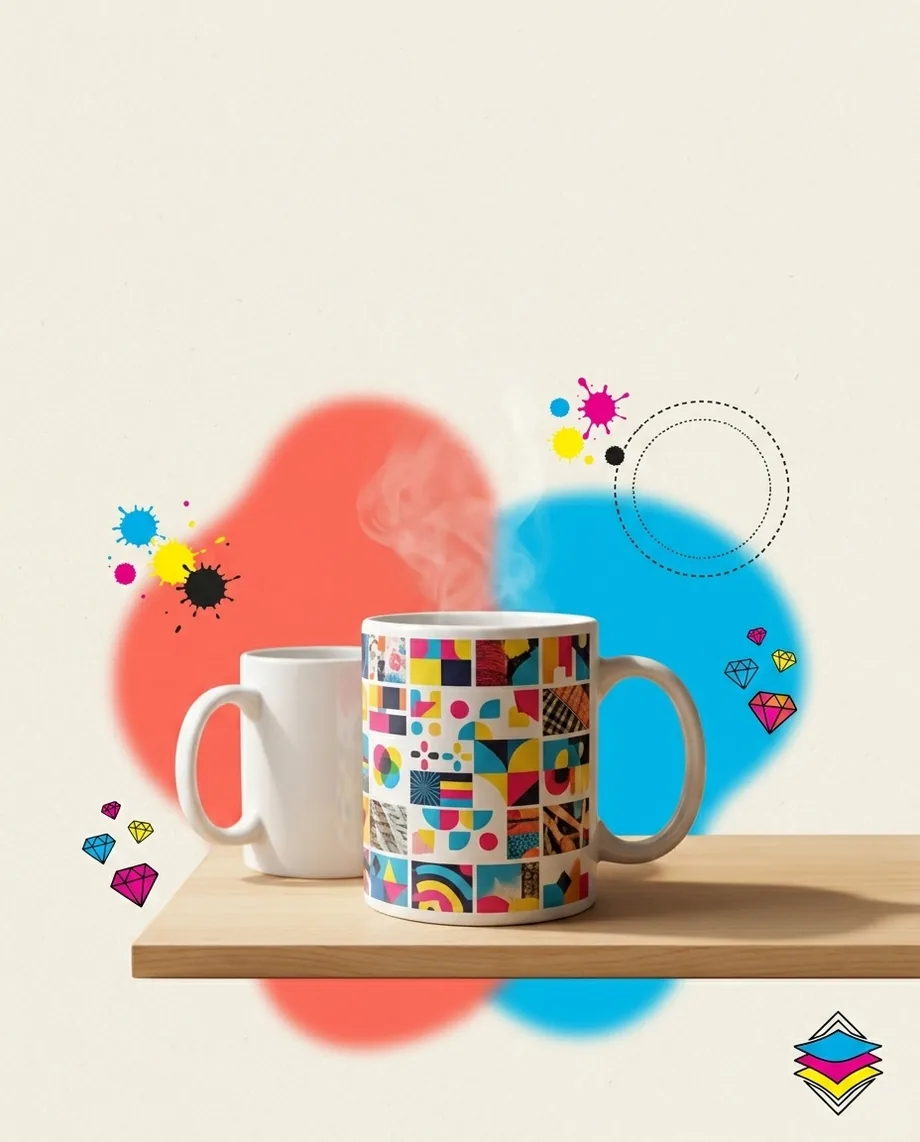 Caneca de cerâmica sublimada com estampa colorida geométrica, sobre uma bancada de madeira